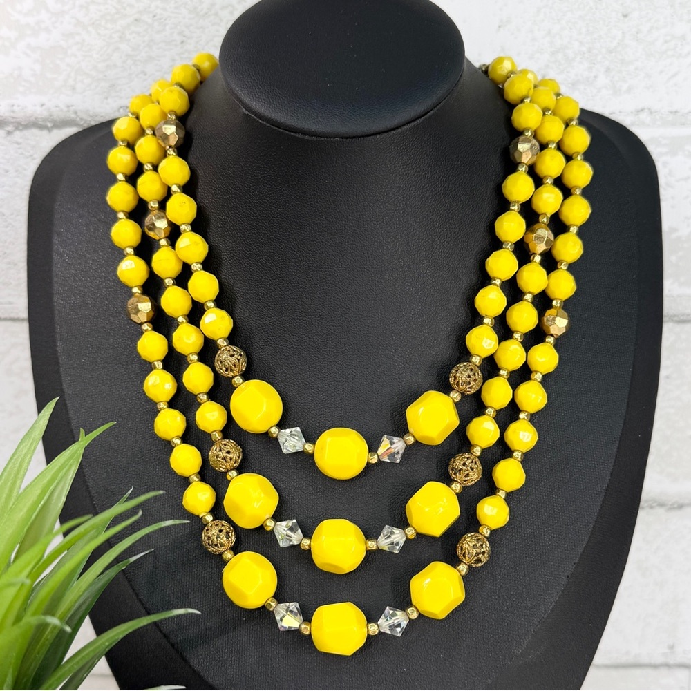 Vintage 60s Yellow Gold Filigree Plastic Beaded Three Tier Layered Necklace